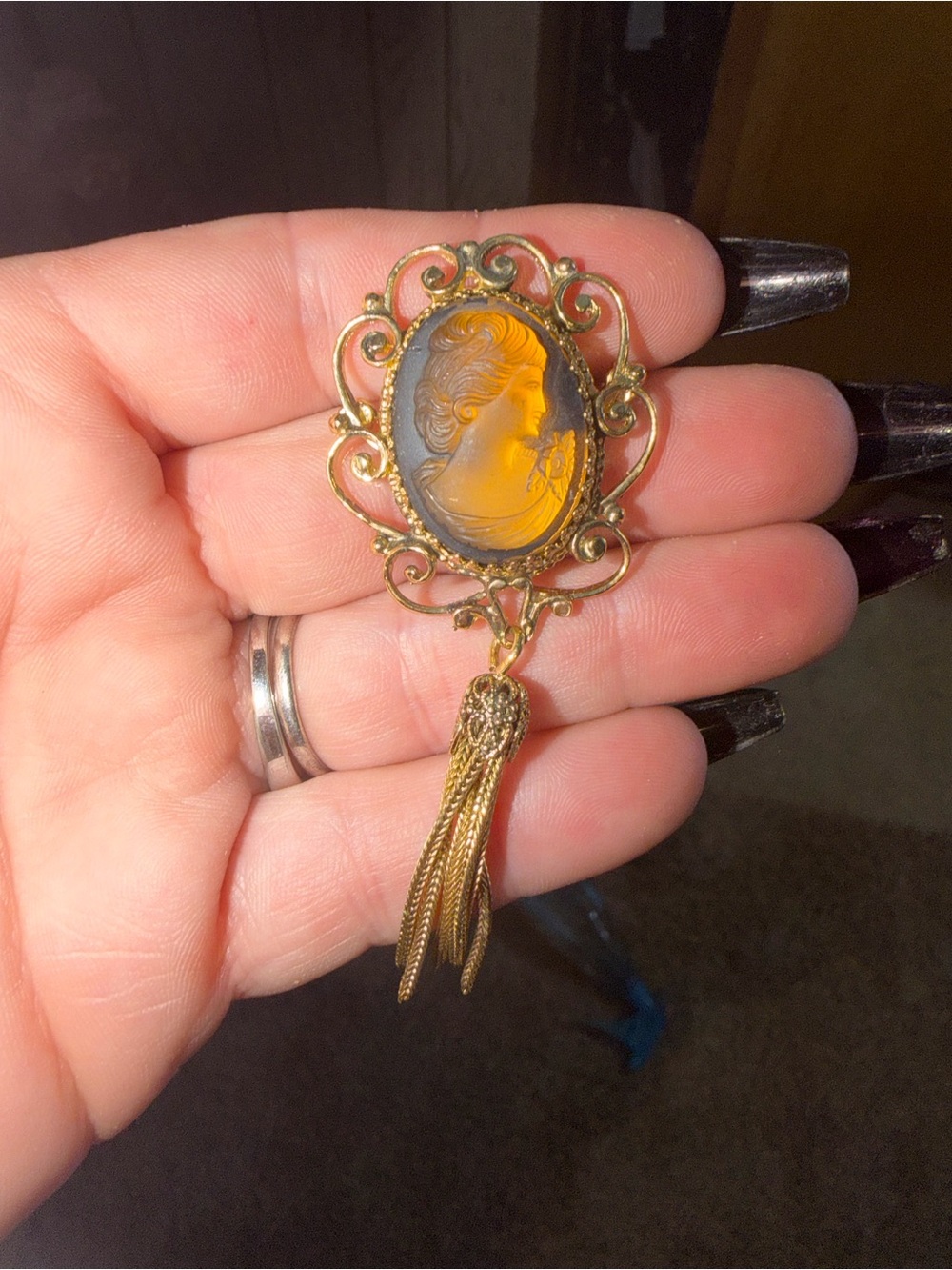 Gold-Tone Amber Cameo Tassel Brooch - Women's Jewelry